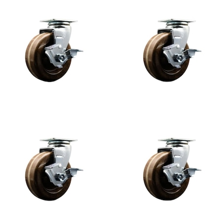 Service Caster 4'' High Temp Phenolic Swivel Caster Set with Bronze Bearings and Brakes, 4PK SCC-20S420-PHBZHT-TLB-4